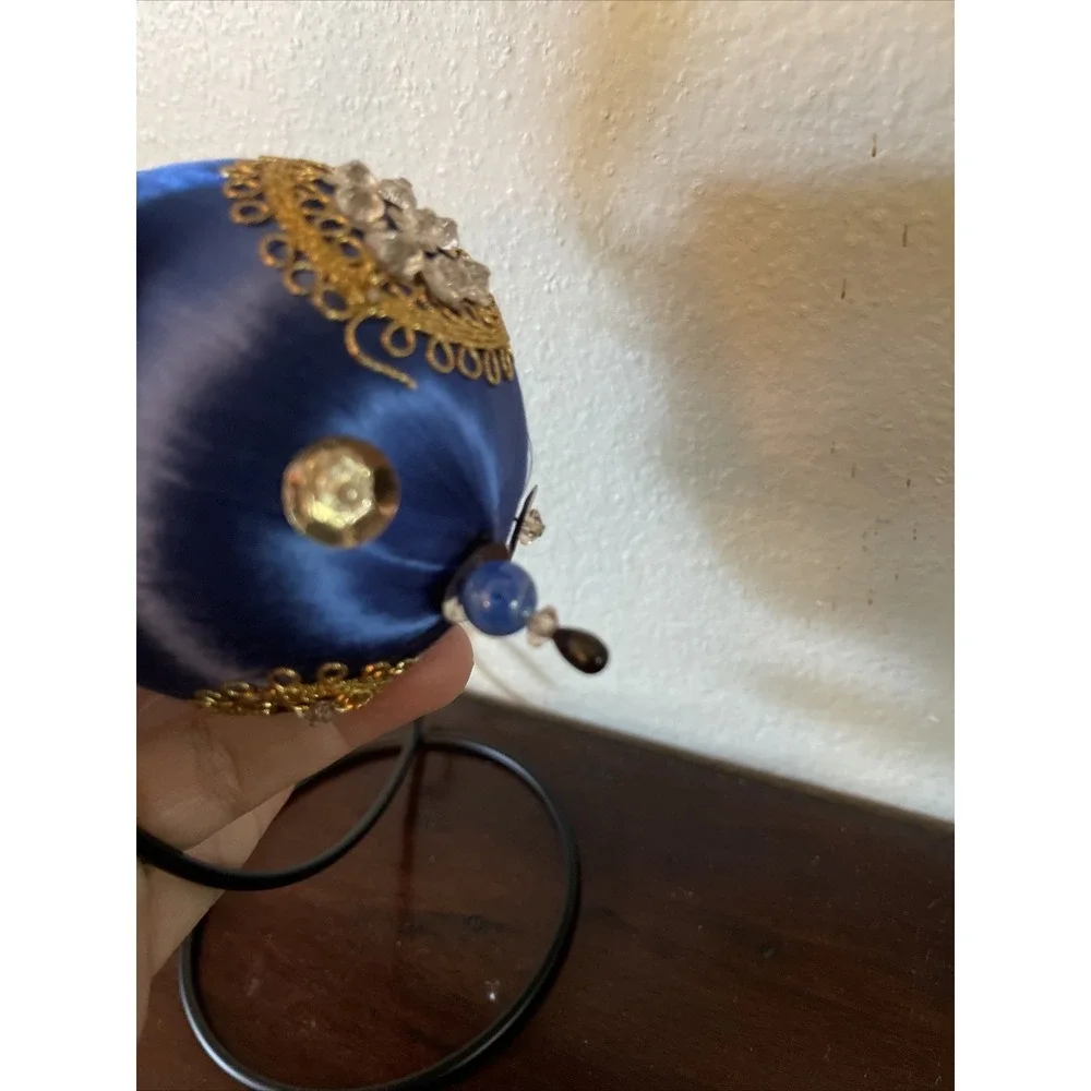 Vintage Bead‎ Sequin Push Pin Christmas Tree Ornament Blue Satin Completed